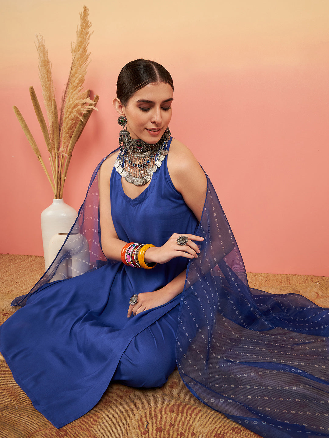InWeave Women's Ink Blue Neck Patti Halter Kurta Set Blue Badhani Or Dupatta | Grocsy