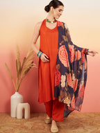 InWeave Women's Marmalade Orange Neck Patti Halter Kurta Set Navy Floral Ge Dupatta | Grocsy
