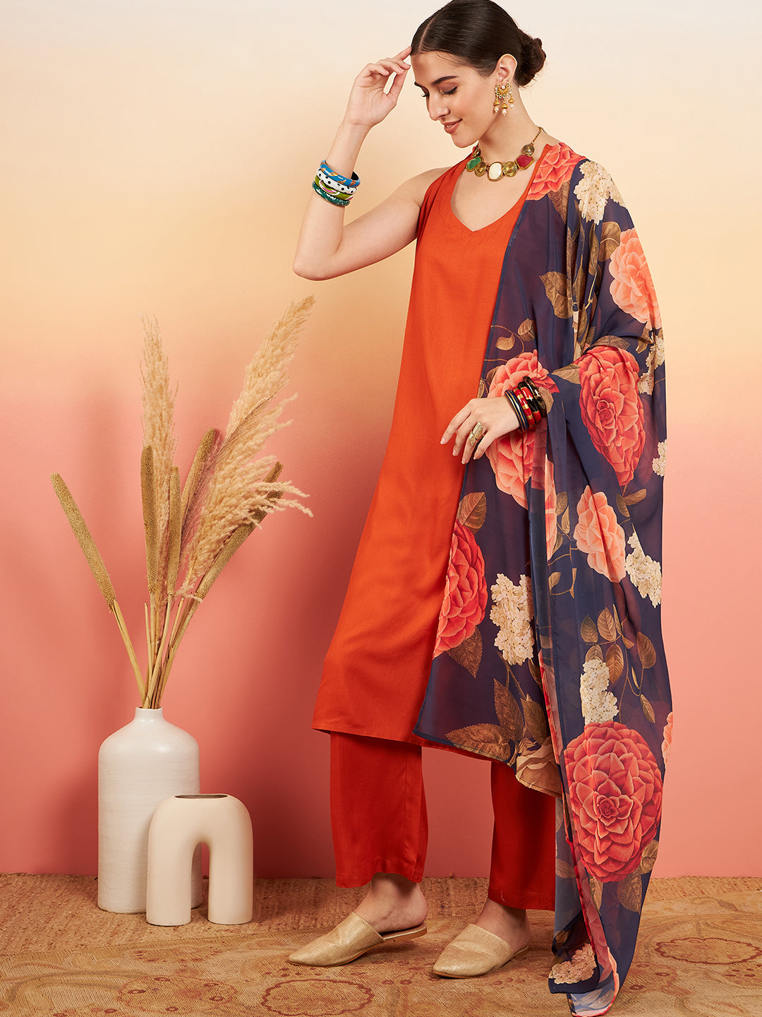 InWeave Women's Marmalade Orange Neck Patti Halter Kurta Set Navy Floral Ge Dupatta | Grocsy