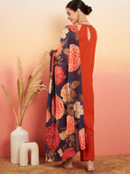 InWeave Women's Marmalade Orange Neck Patti Halter Kurta Set Navy Floral Ge Dupatta | Grocsy