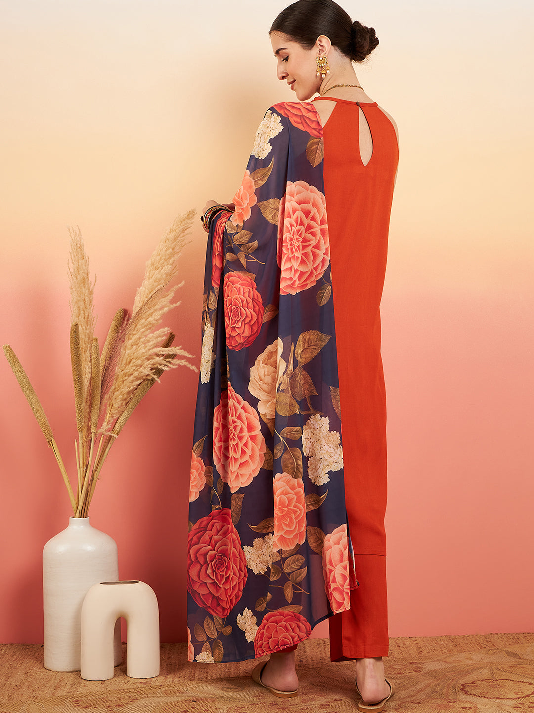 InWeave Women's Marmalade Orange Neck Patti Halter Kurta Set Navy Floral Ge Dupatta | Grocsy