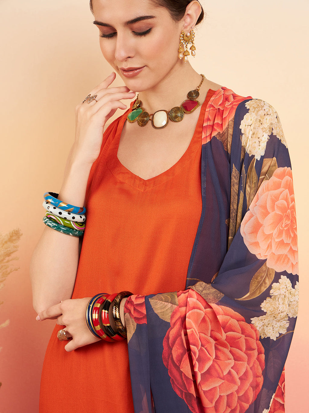 InWeave Women's Marmalade Orange Neck Patti Halter Kurta Set Navy Floral Ge Dupatta | Grocsy