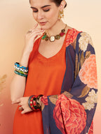 InWeave Women's Marmalade Orange Neck Patti Halter Kurta Set Navy Floral Ge Dupatta | Grocsy