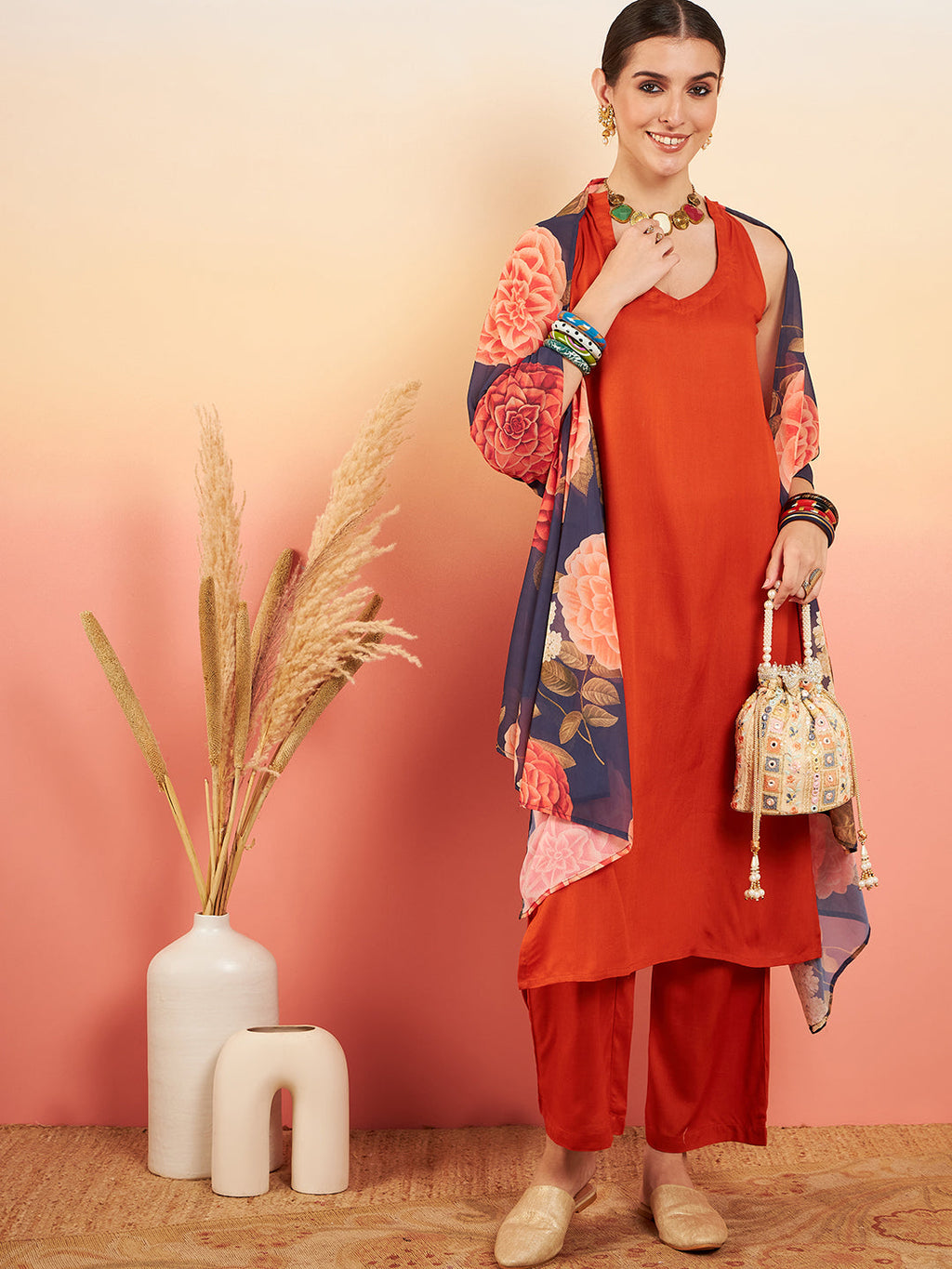 InWeave Women's Marmalade Orange Neck Patti Halter Kurta Set Navy Floral Ge Dupatta | Grocsy