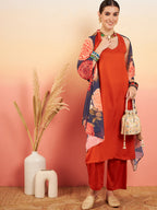 InWeave Women's Marmalade Orange Neck Patti Halter Kurta Set Navy Floral Ge Dupatta | Grocsy