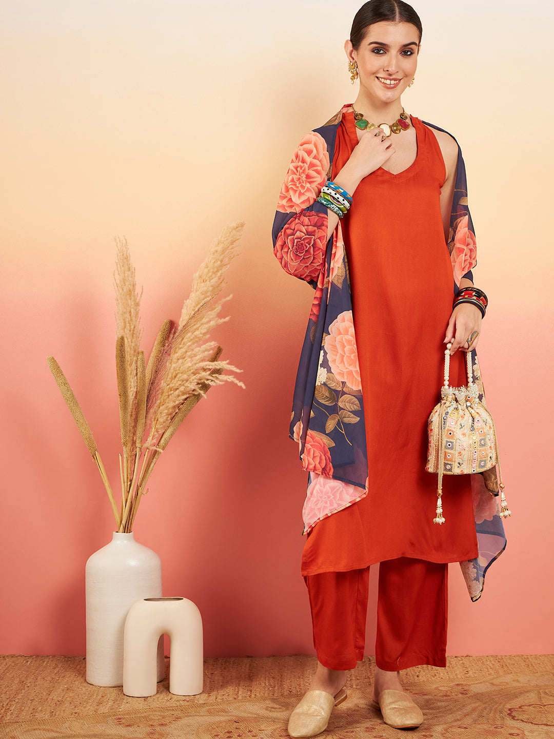 InWeave Women's Marmalade Orange Neck Patti Halter Kurta Set Navy Floral Ge Dupatta | Grocsy