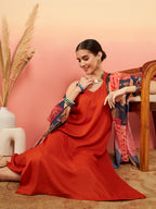 InWeave Women's Marmalade Orange Neck Patti Halter Kurta Set Navy Floral Ge Dupatta | Grocsy