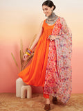 InWeave Women's Orange Sleeveless Flared Kurta Set Offwhite Multi Floral Or Dupata | Grocsy