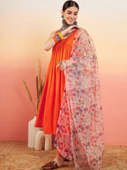 InWeave Women's Orange Sleeveless Flared Kurta Set Offwhite Multi Floral Or Dupata | Grocsy