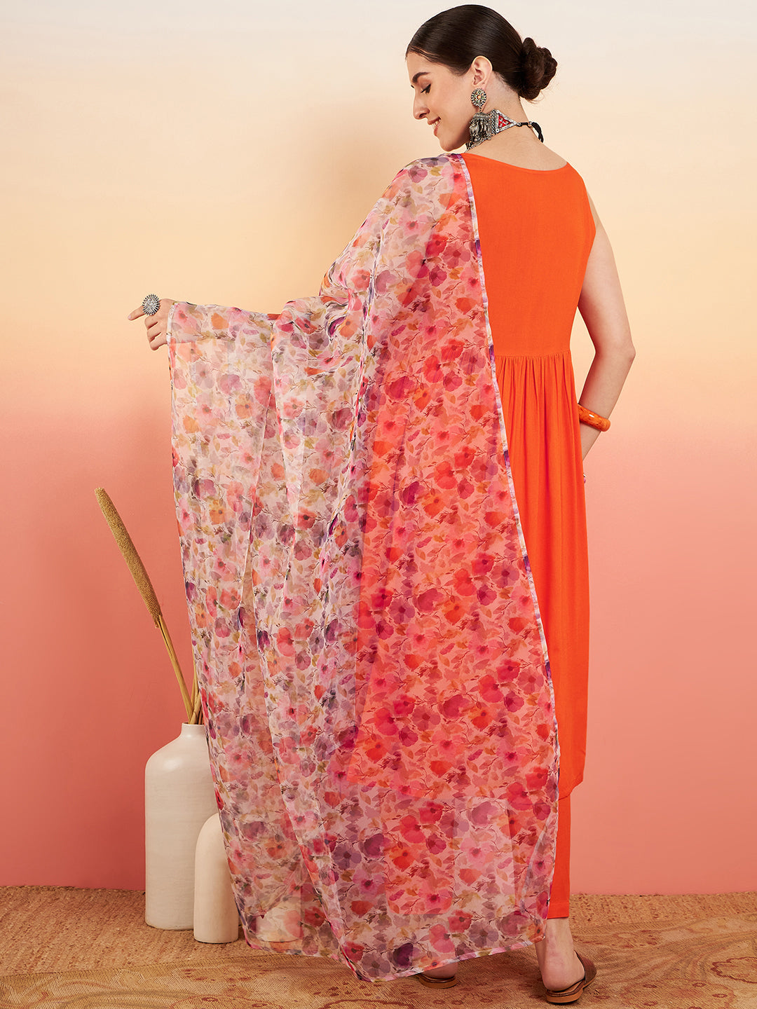 InWeave Women's Orange Sleeveless Flared Kurta Set Offwhite Multi Floral Or Dupata | Grocsy