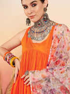 InWeave Women's Orange Sleeveless Flared Kurta Set Offwhite Multi Floral Or Dupata | Grocsy