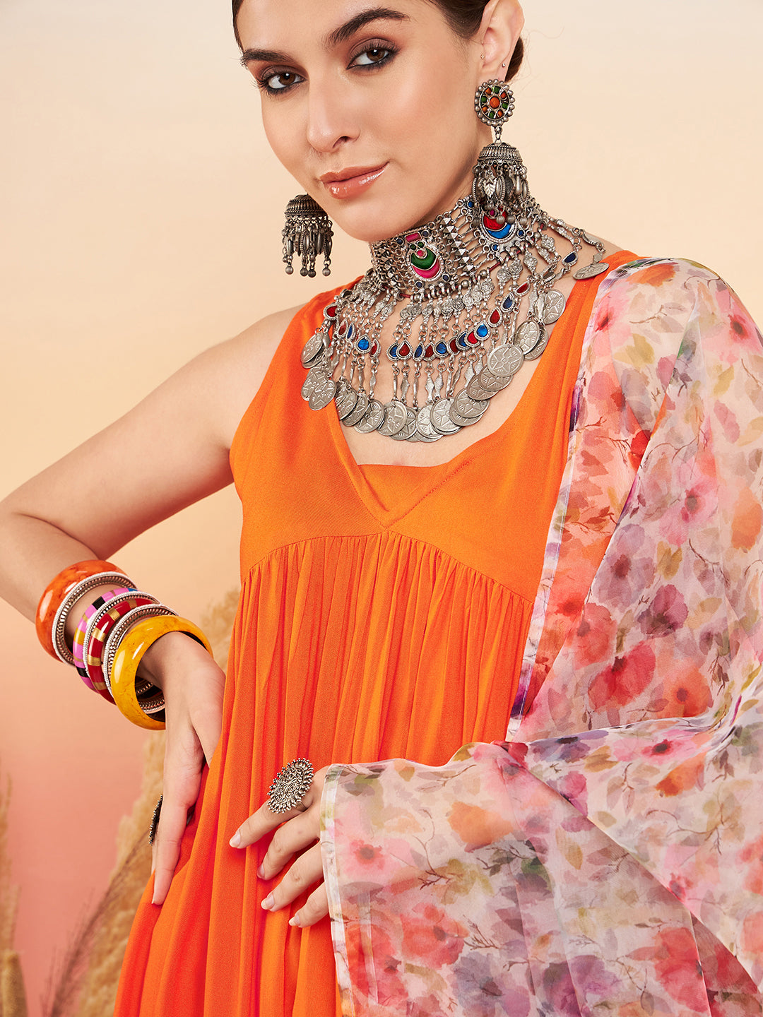 InWeave Women's Orange Sleeveless Flared Kurta Set Offwhite Multi Floral Or Dupata | Grocsy