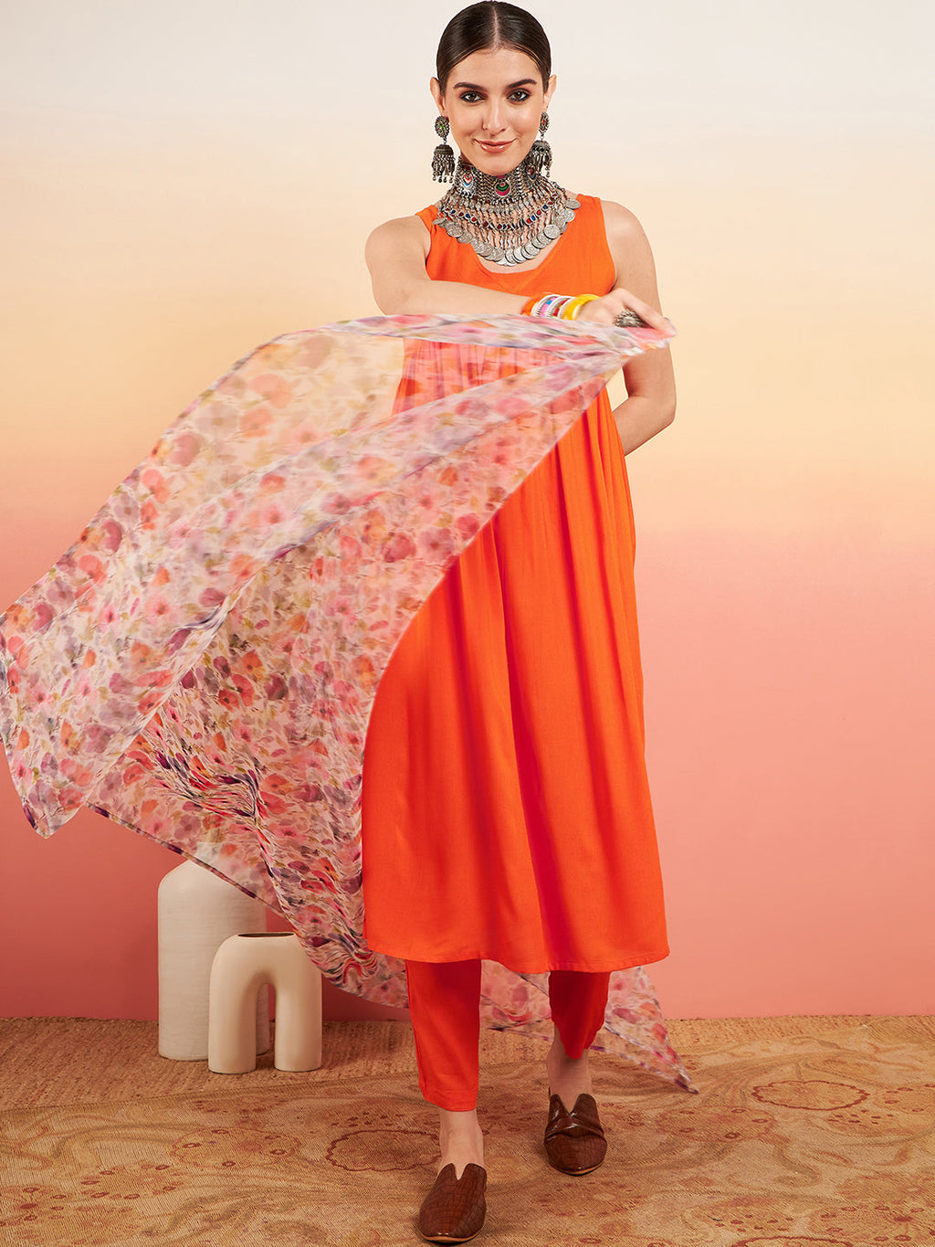 InWeave Women's Orange Sleeveless Flared Kurta Set Offwhite Multi Floral Or Dupata | Grocsy