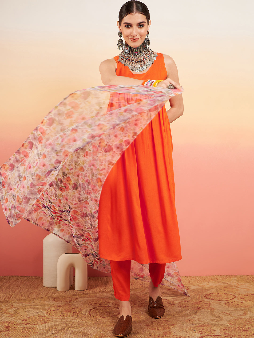 InWeave Women's Orange Sleeveless Flared Kurta Set Offwhite Multi Floral Or Dupata | Grocsy