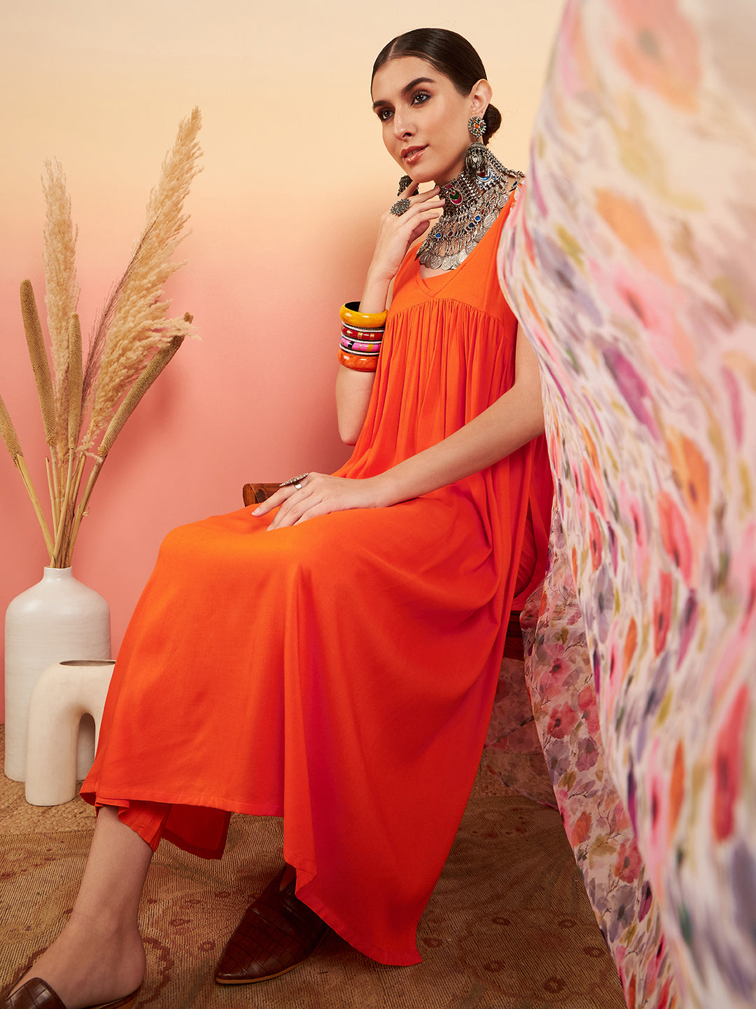 InWeave Women's Orange Sleeveless Flared Kurta Set Offwhite Multi Floral Or Dupata | Grocsy