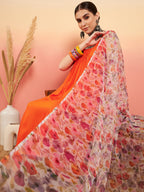 InWeave Women's Orange Sleeveless Flared Kurta Set Offwhite Multi Floral Or Dupata | Grocsy