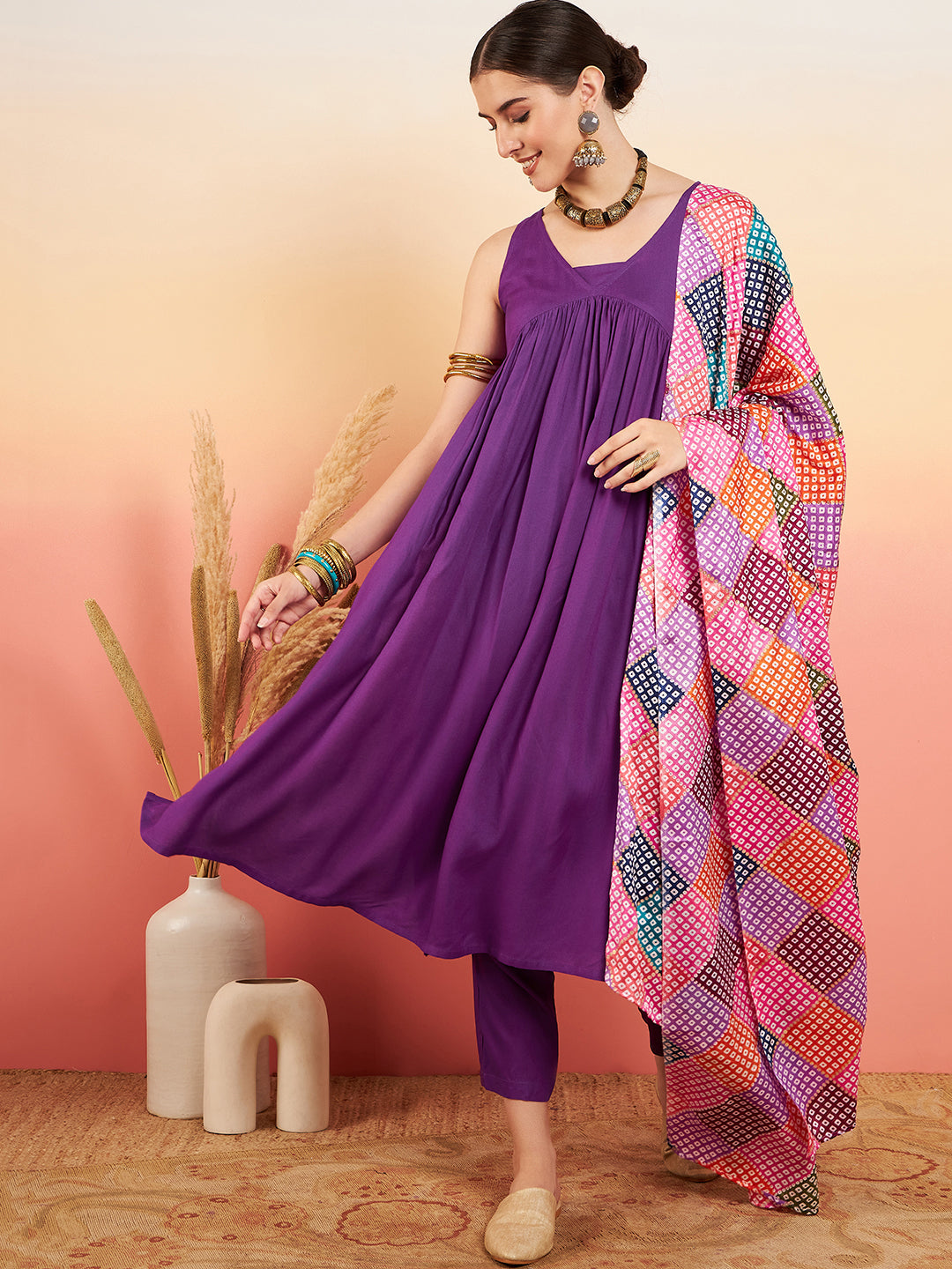 InWeave Women's Violet Sleeveless Flared Kurta Set Squar Badhani Silk Dupatta | Grocsy