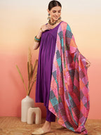 InWeave Women's Violet Sleeveless Flared Kurta Set Squar Badhani Silk Dupatta | Grocsy