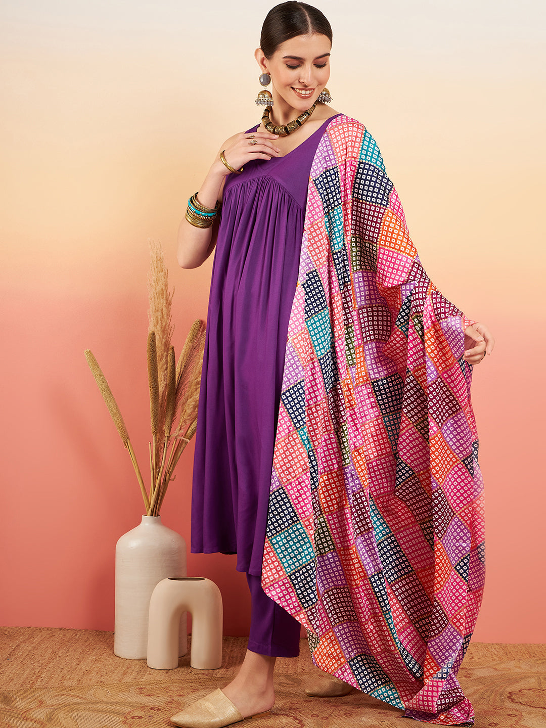 InWeave Women's Violet Sleeveless Flared Kurta Set Squar Badhani Silk Dupatta | Grocsy