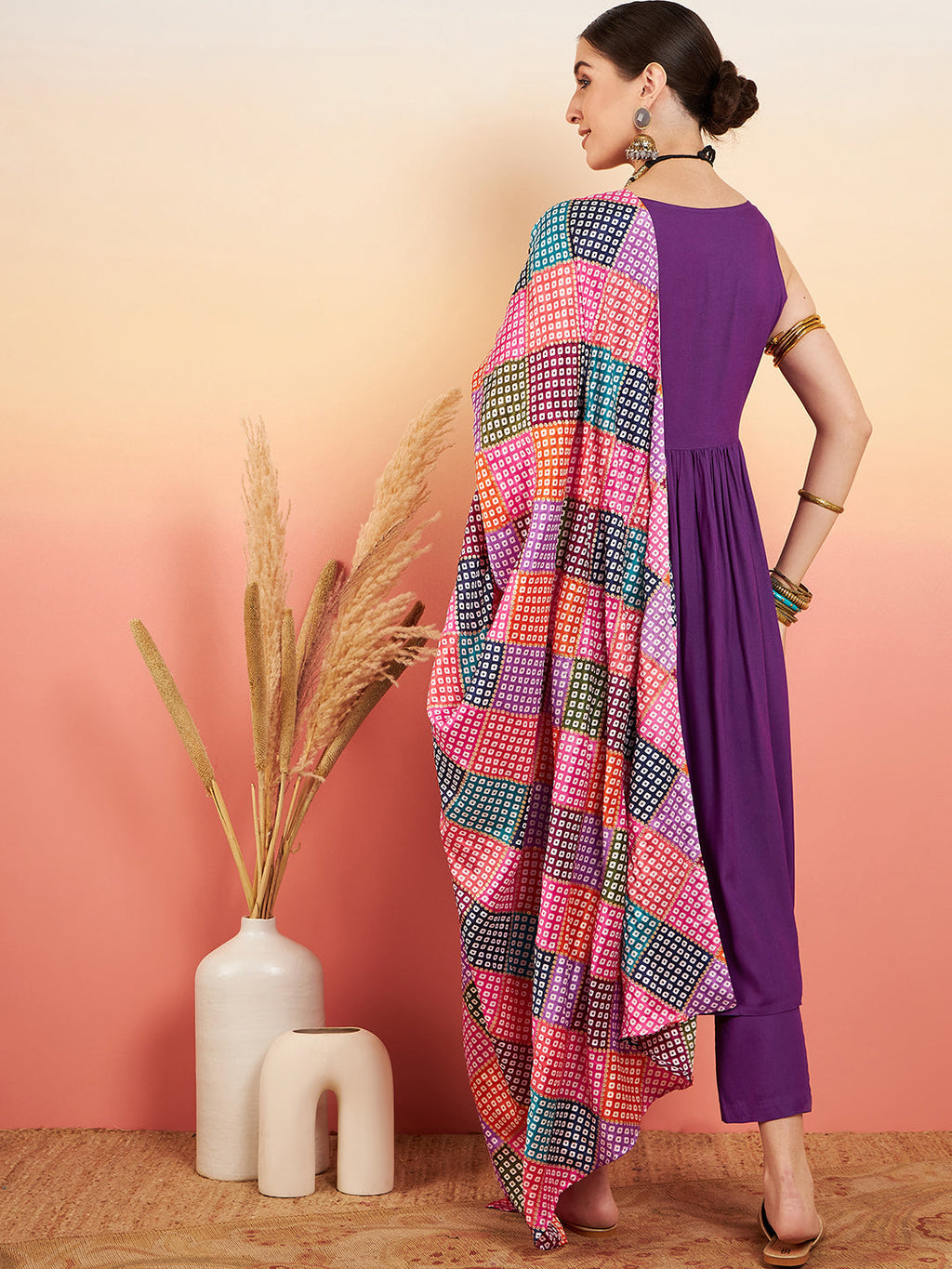InWeave Women's Violet Sleeveless Flared Kurta Set Squar Badhani Silk Dupatta | Grocsy