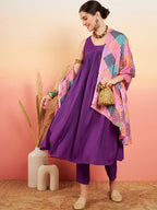 InWeave Women's Violet Sleeveless Flared Kurta Set Squar Badhani Silk Dupatta | Grocsy