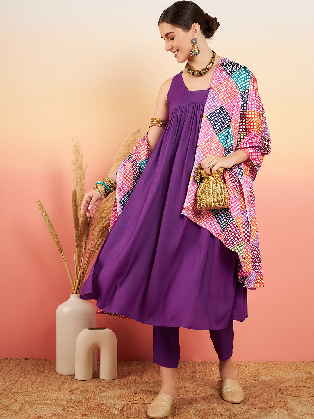 InWeave Women's Violet Sleeveless Flared Kurta Set Squar Badhani Silk Dupatta | Grocsy