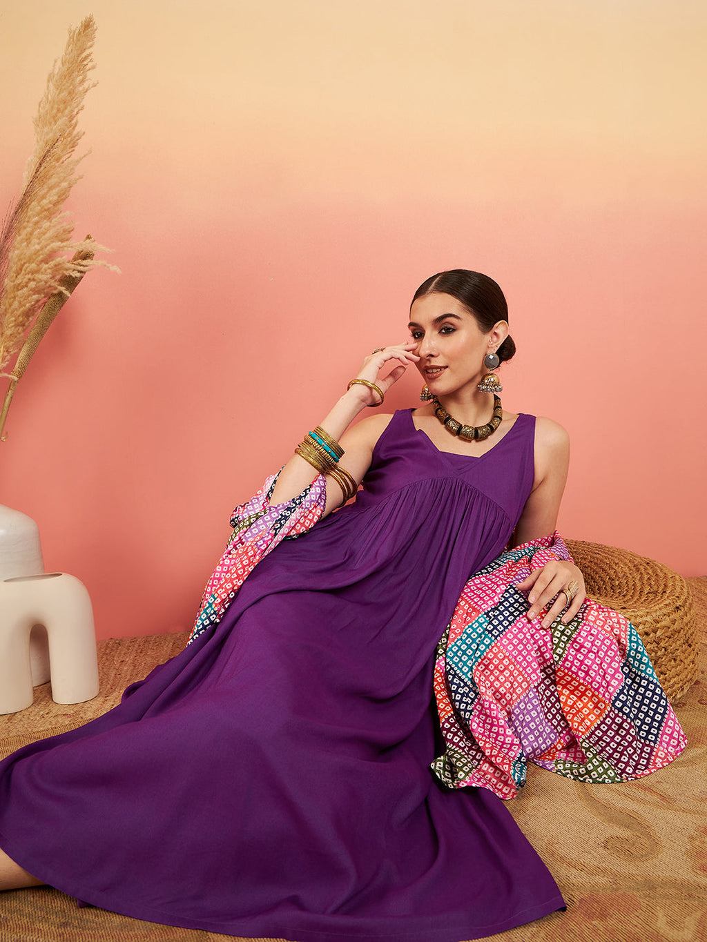 InWeave Women's Violet Sleeveless Flared Kurta Set Squar Badhani Silk Dupatta | Grocsy