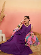 InWeave Women's Violet Sleeveless Flared Kurta Set Squar Badhani Silk Dupatta | Grocsy