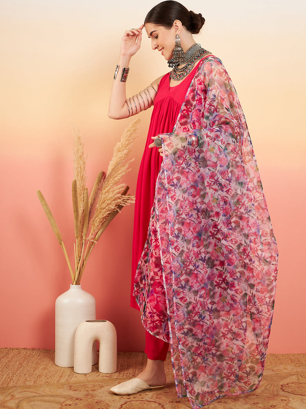 InWeave Women's Magenta Sleeveless Flared Kurta Set Blue Pink Or Dupatta | Grocsy