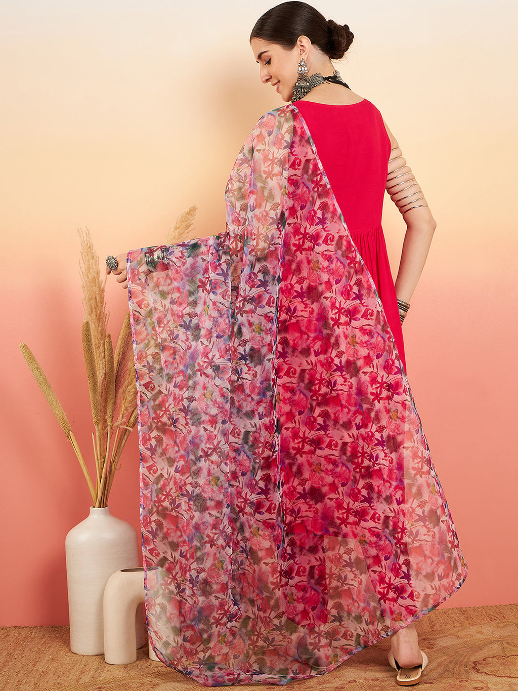 InWeave Women's Magenta Sleeveless Flared Kurta Set Blue Pink Or Dupatta | Grocsy