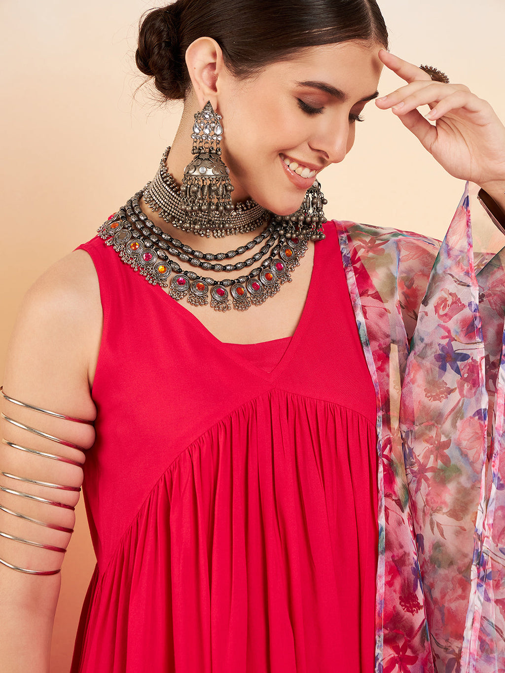 InWeave Women's Magenta Sleeveless Flared Kurta Set Blue Pink Or Dupatta | Grocsy