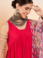 InWeave Women's Magenta Sleeveless Flared Kurta Set Blue Pink Or Dupatta | Grocsy