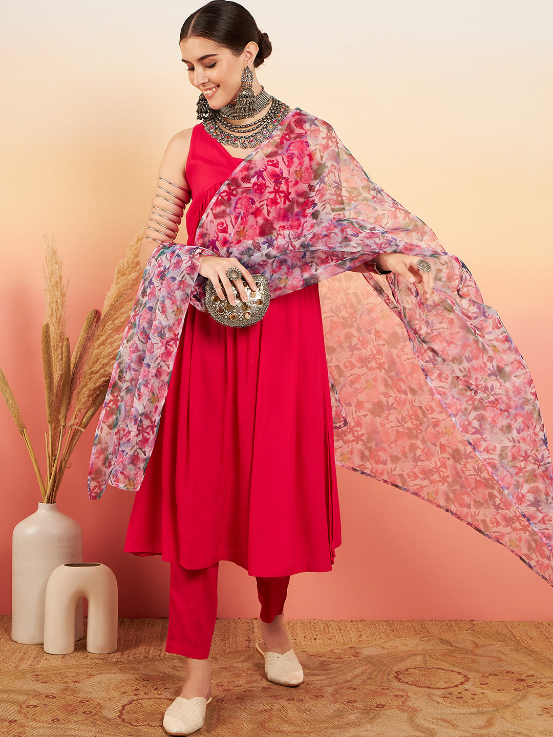 InWeave Women's Magenta Sleeveless Flared Kurta Set Blue Pink Or Dupatta | Grocsy