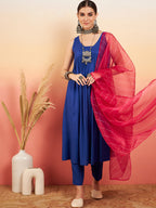 InWeave Women's Ink Blue Sleeveless Flared Kurta Set Fuschia Ba Or Dupatta | Grocsy