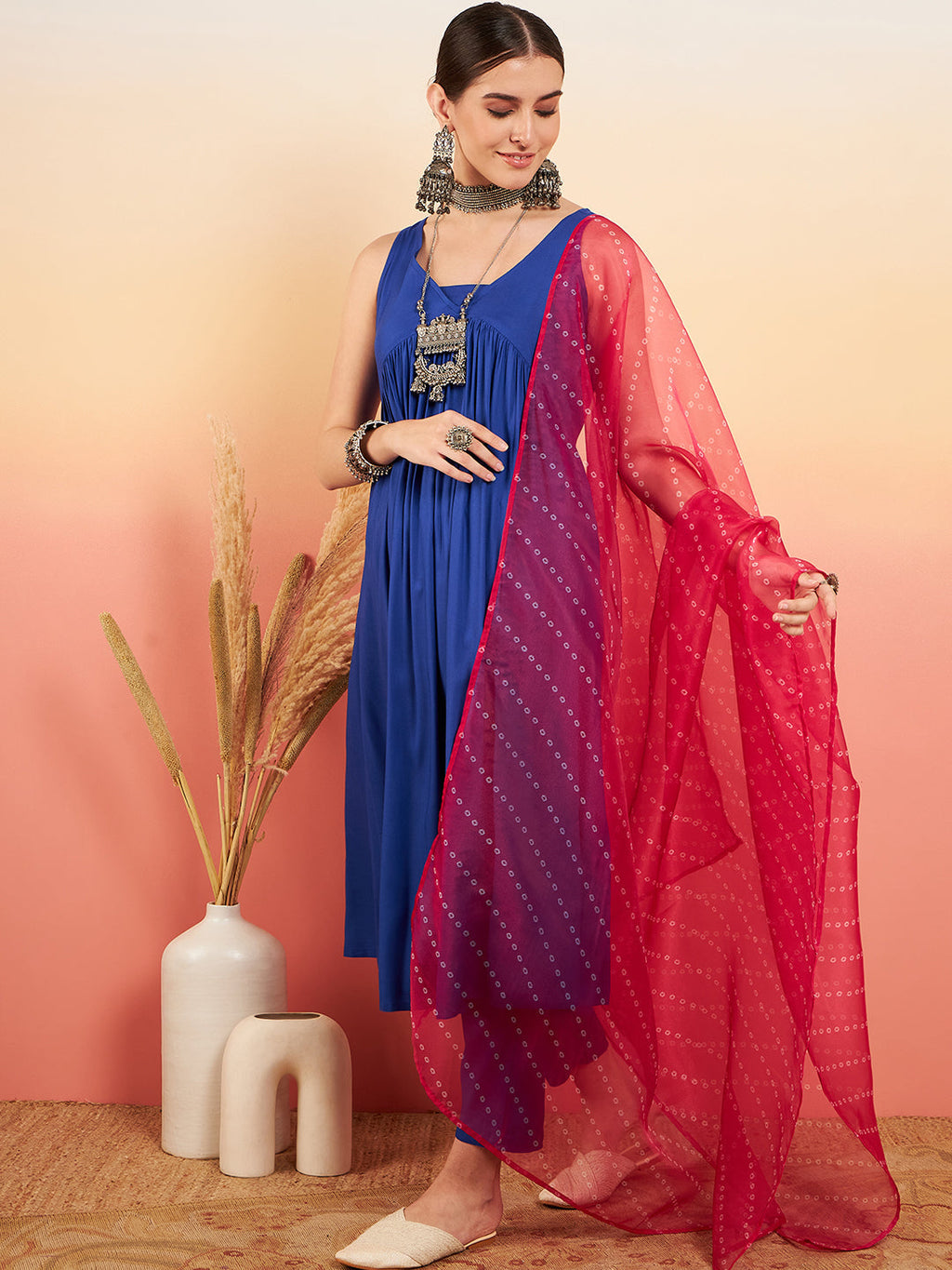 InWeave Women's Ink Blue Sleeveless Flared Kurta Set Fuschia Ba Or Dupatta | Grocsy