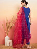 InWeave Women's Ink Blue Sleeveless Flared Kurta Set Fuschia Ba Or Dupatta | Grocsy