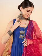 InWeave Women's Ink Blue Sleeveless Flared Kurta Set Fuschia Ba Or Dupatta | Grocsy