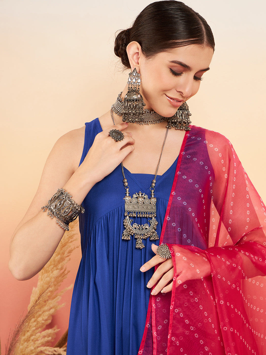 InWeave Women's Ink Blue Sleeveless Flared Kurta Set Fuschia Ba Or Dupatta | Grocsy