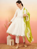 InWeave Women's White Lurex V Neck Gota Anarkali Kurta Set Lime White Lurex Dupatta | Grocsy