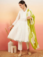 InWeave Women's White Lurex V Neck Gota Anarkali Kurta Set Lime White Lurex Dupatta | Grocsy