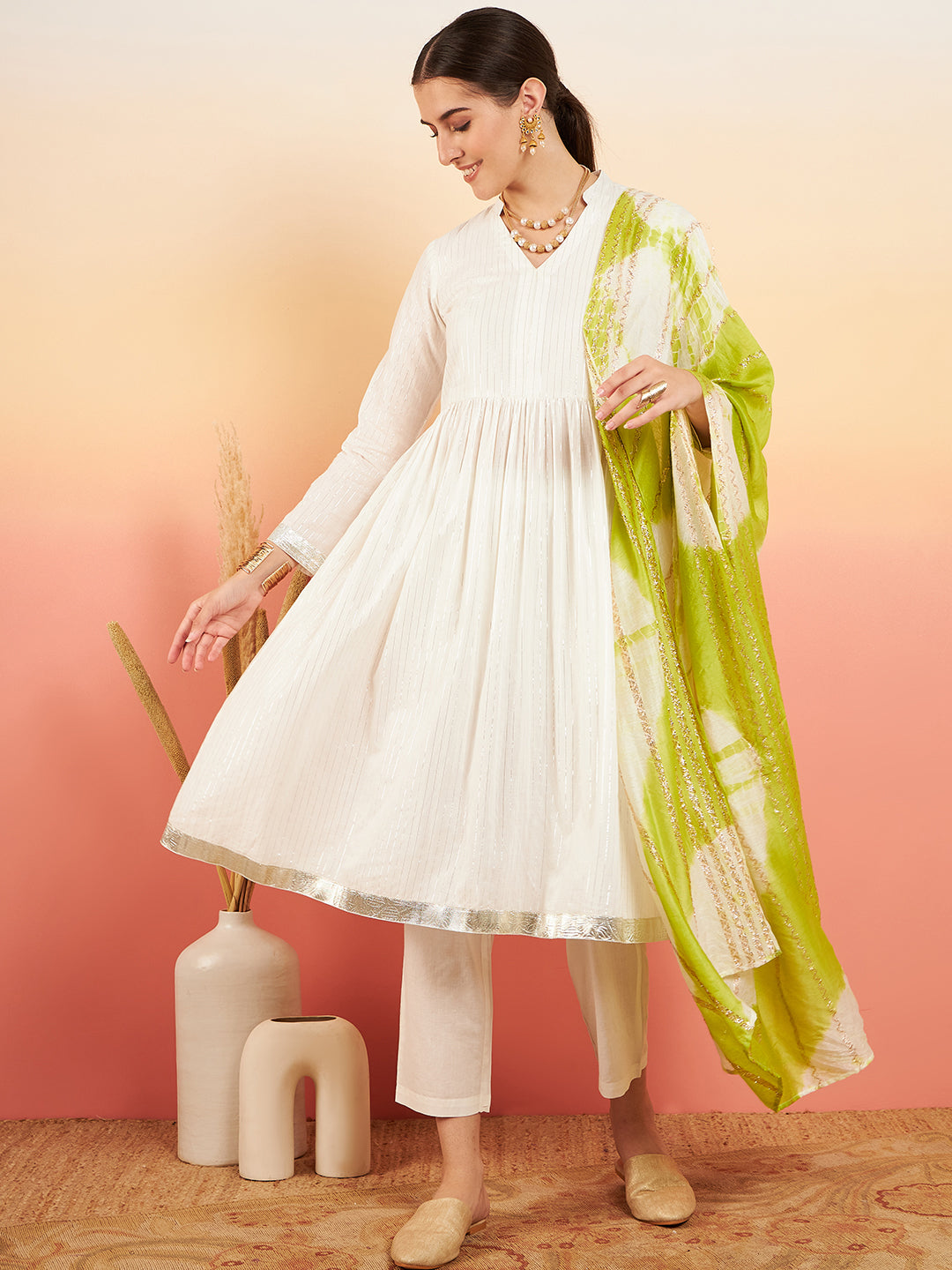 InWeave Women's White Lurex V Neck Gota Anarkali Kurta Set Lime White Lurex Dupatta | Grocsy