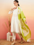 InWeave Women's White Lurex V Neck Gota Anarkali Kurta Set Lime White Lurex Dupatta | Grocsy