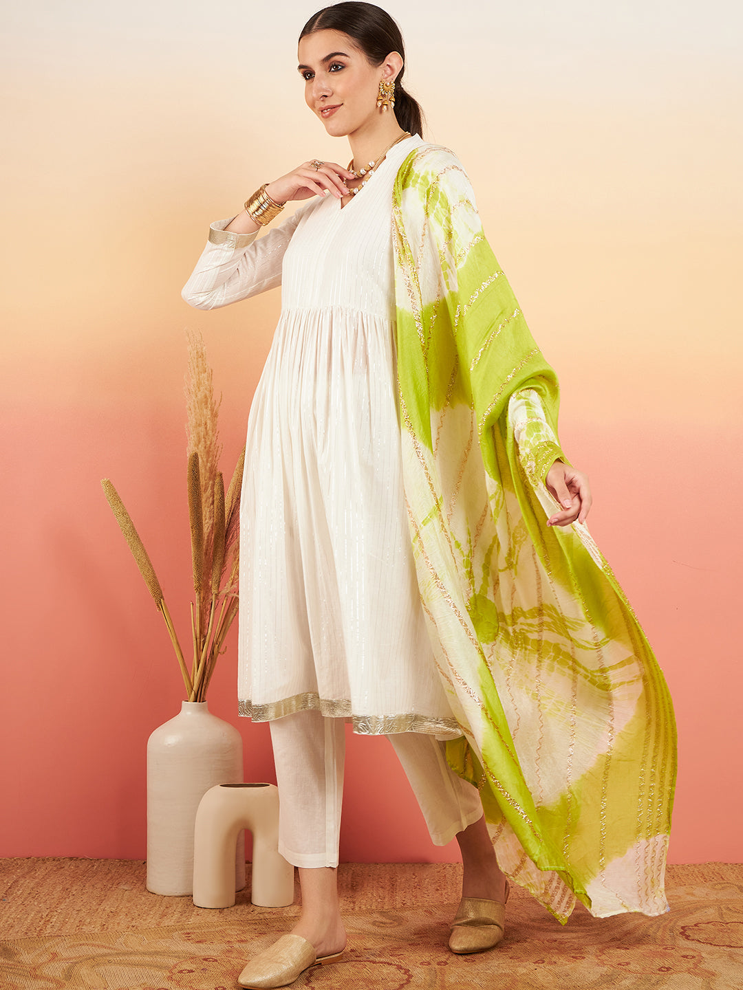 InWeave Women's White Lurex V Neck Gota Anarkali Kurta Set Lime White Lurex Dupatta | Grocsy