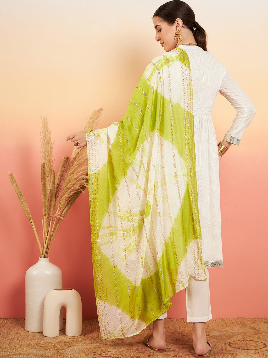 InWeave Women's White Lurex V Neck Gota Anarkali Kurta Set Lime White Lurex Dupatta | Grocsy
