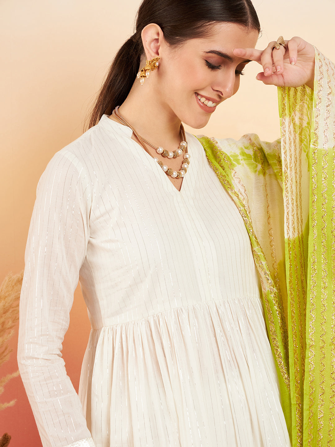 InWeave Women's White Lurex V Neck Gota Anarkali Kurta Set Lime White Lurex Dupatta | Grocsy