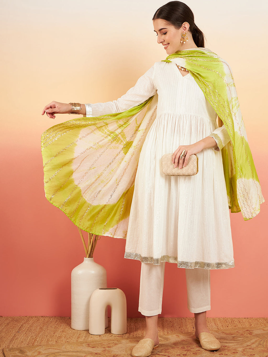 InWeave Women's White Lurex V Neck Gota Anarkali Kurta Set Lime White Lurex Dupatta | Grocsy