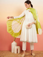 InWeave Women's White Lurex V Neck Gota Anarkali Kurta Set Lime White Lurex Dupatta | Grocsy