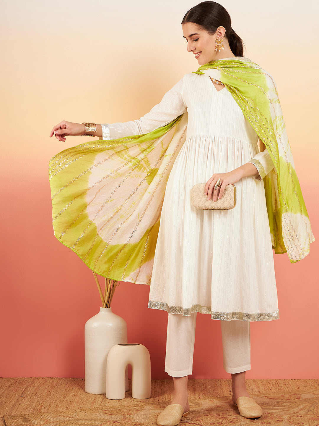 InWeave Women's White Lurex V Neck Gota Anarkali Kurta Set Lime White Lurex Dupatta | Grocsy