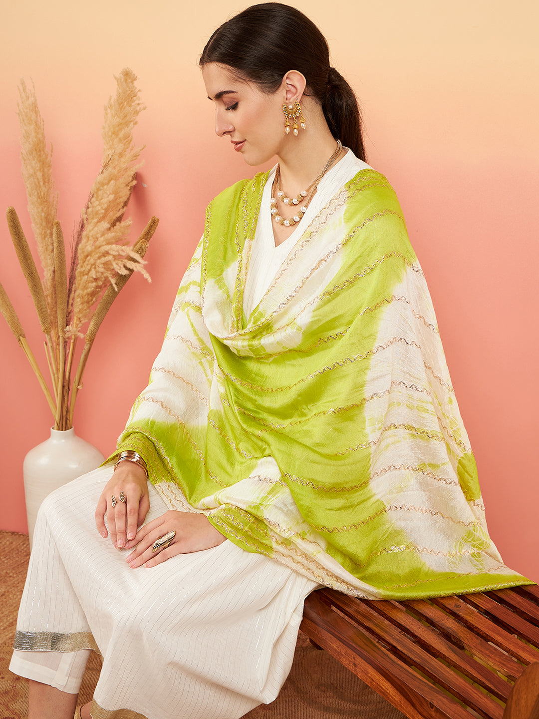 InWeave Women's White Lurex V Neck Gota Anarkali Kurta Set Lime White Lurex Dupatta | Grocsy