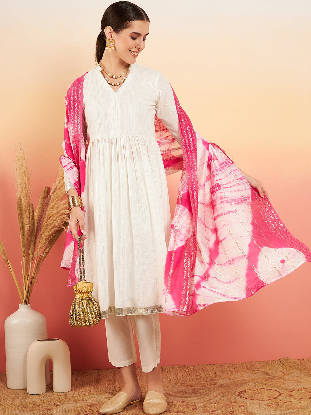 InWeave Women's White Lurex V Neck Gota Anarkali Kurta Set Magenta Lurex Dupatta | Grocsy